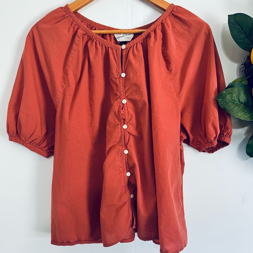 Universal Thread Rust Cotton Button Front Puff Sleeve Top
